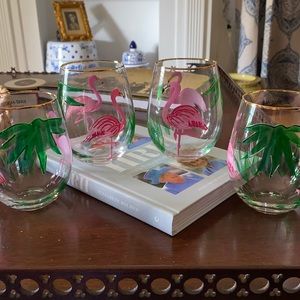 4 Hand Painted Flamingo Palm Tree Wine Glasses